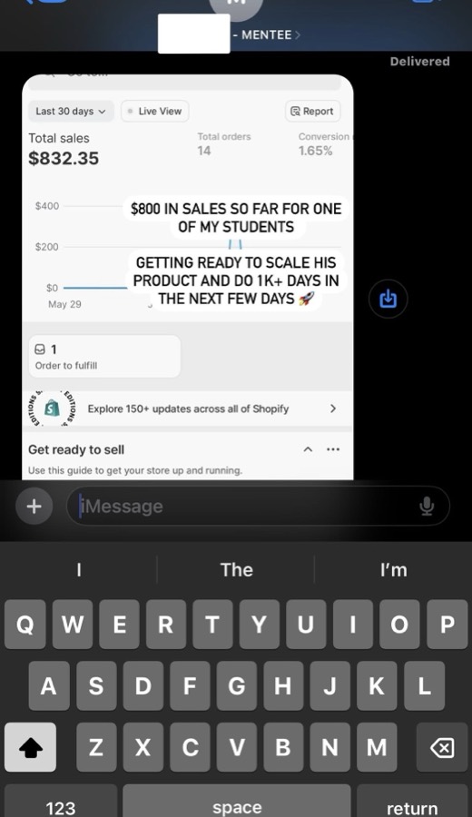 Shopify showing $832.35 in total sales over the last 30 days