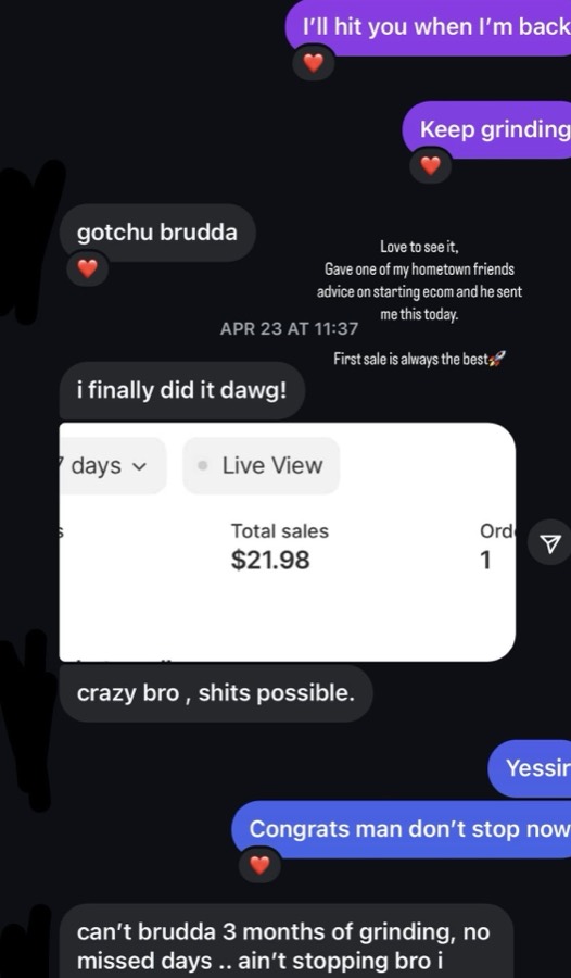 Shopify showing a first sale of $21.98
